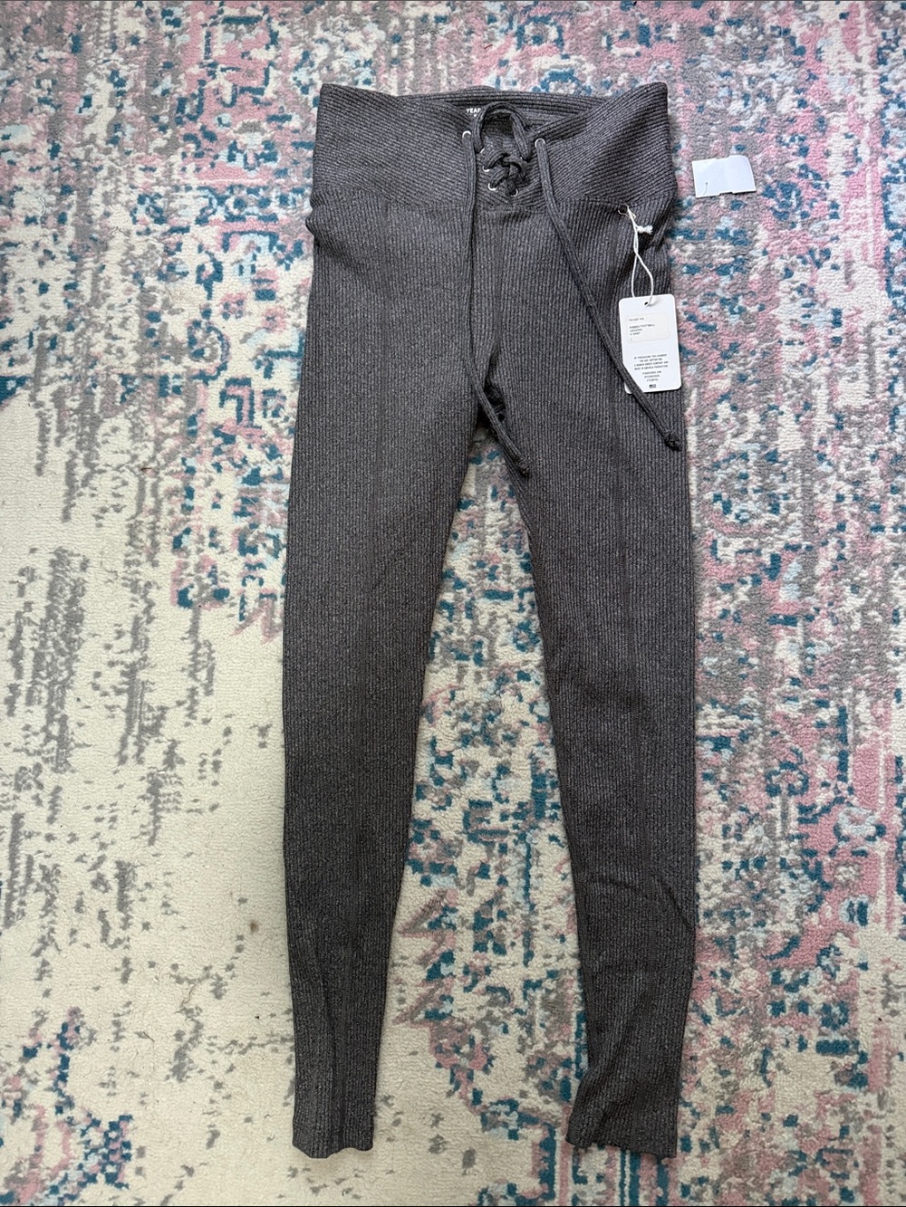 Year of Ours Gray Ribbed Lace-Up High Waist Leggings